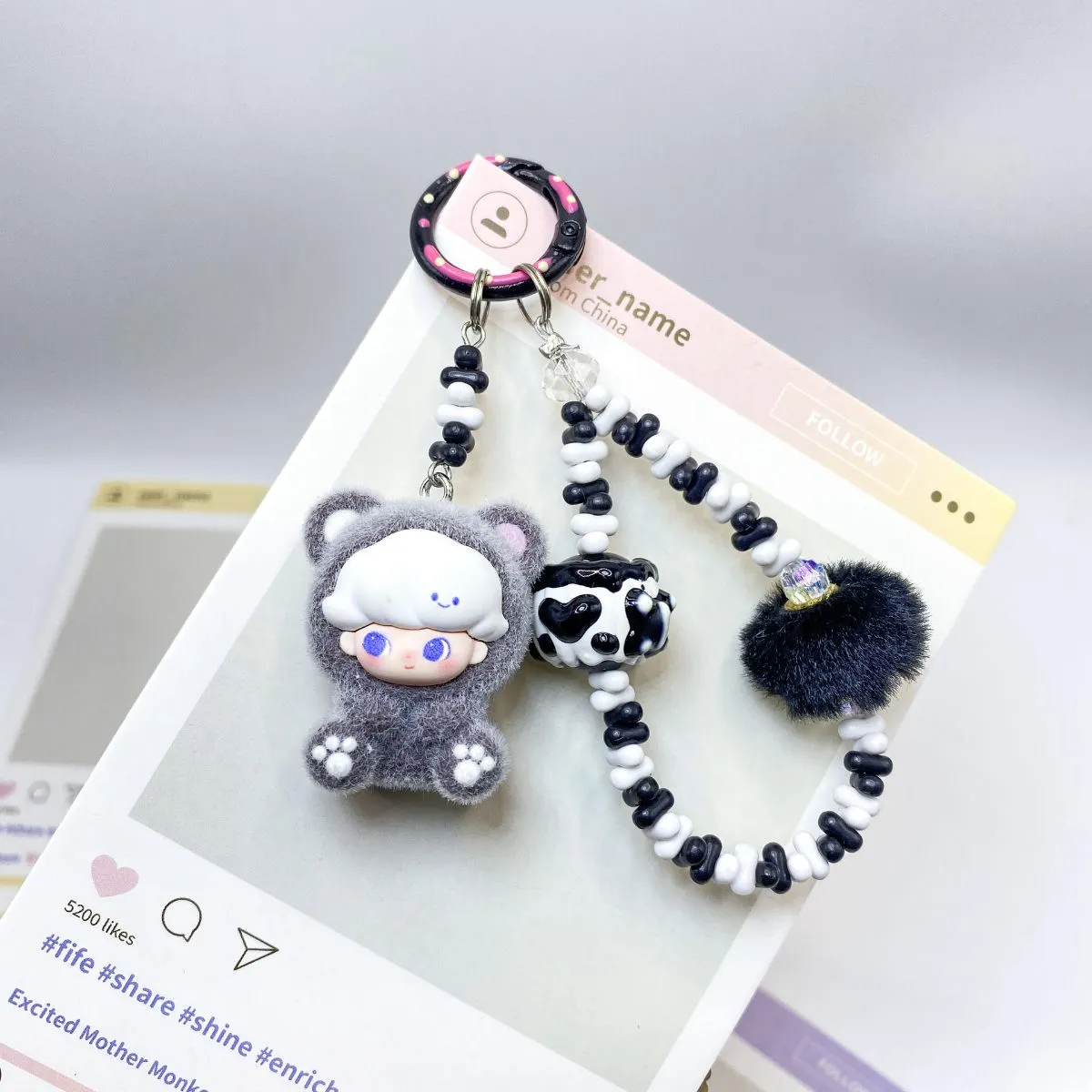 Flocked Cute Bead Charm Keychain – Premium Cartoon Beaded Phone Lanyard, Bag Backpack Ornament, Perfect Gift for Best Friend with Luxe Feel